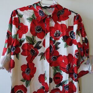 flower power red anemone print floral button down shirt SM S Small Med Medium